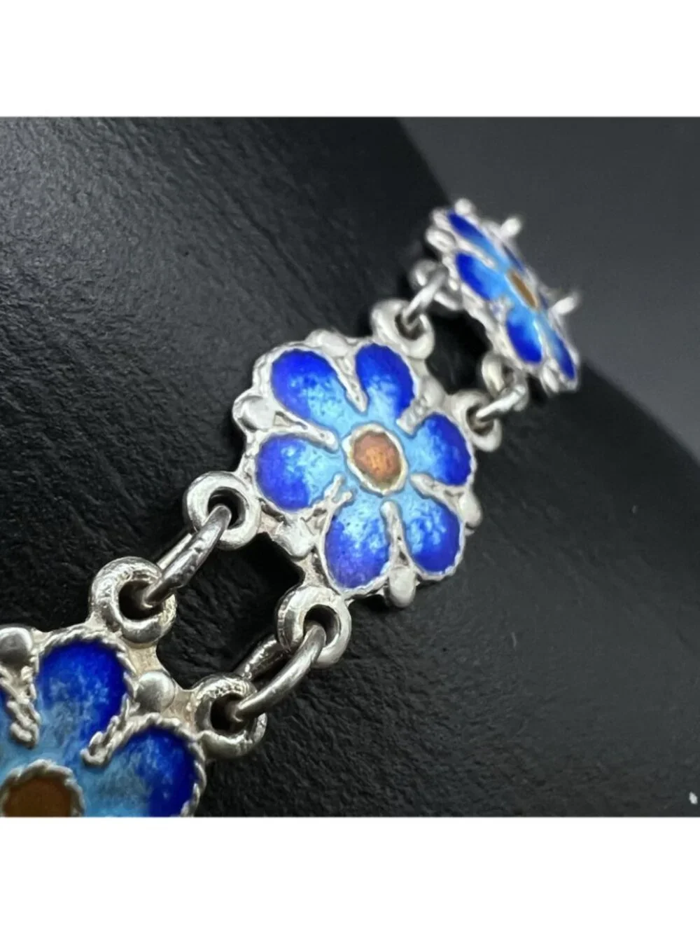 Vintage Sterling Silver Blue Enamel Forget-Me-Not Panel Link Bracelet 7.5